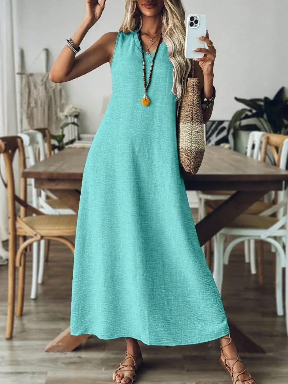 Mint Blue Casual Women's V-Neck Sleeveless Loose Comfortable Maxi Dress